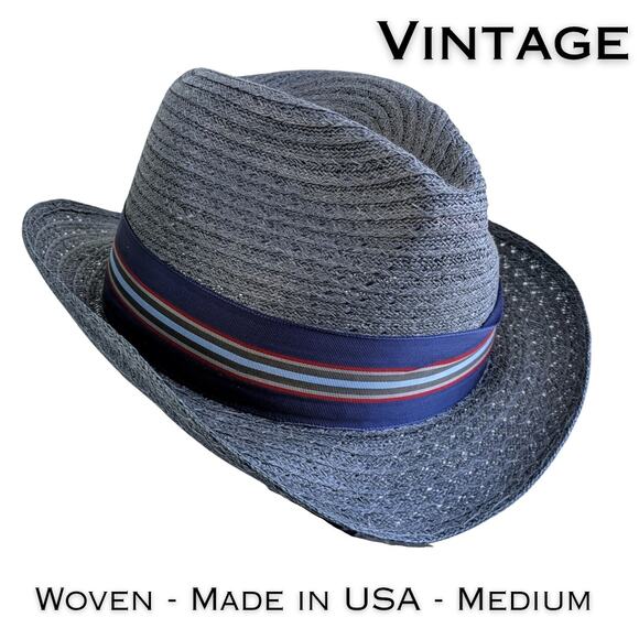 Vintage Haband Gray Straw Fedora Hat Blue Striped Hatband Made in USA Medium 22" - Picture 1 of 10